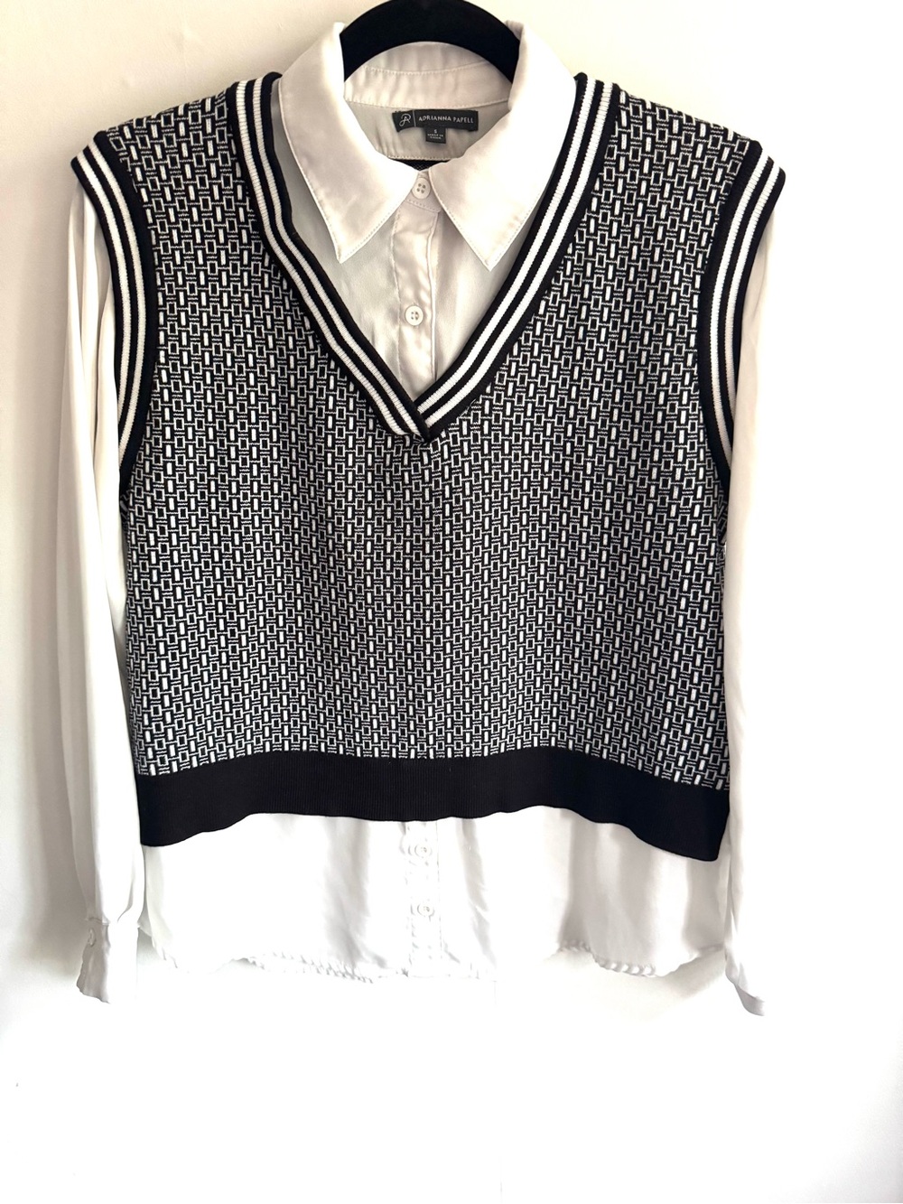 Adrienne Vittadini Twofer Black & White Knit V-Neck Sweater Vest & Blouse